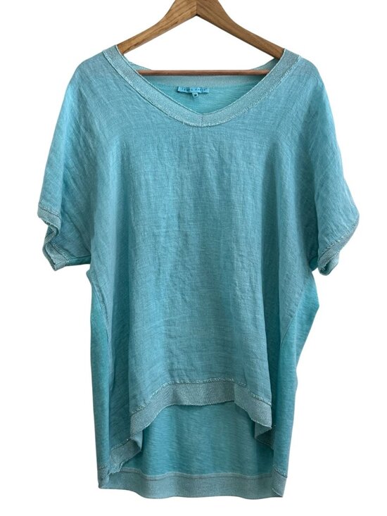 Tempo Paris Tops - Tempo Paris 100% Linen Light Blue Tunic Top Metallic Trim Made in Italy M